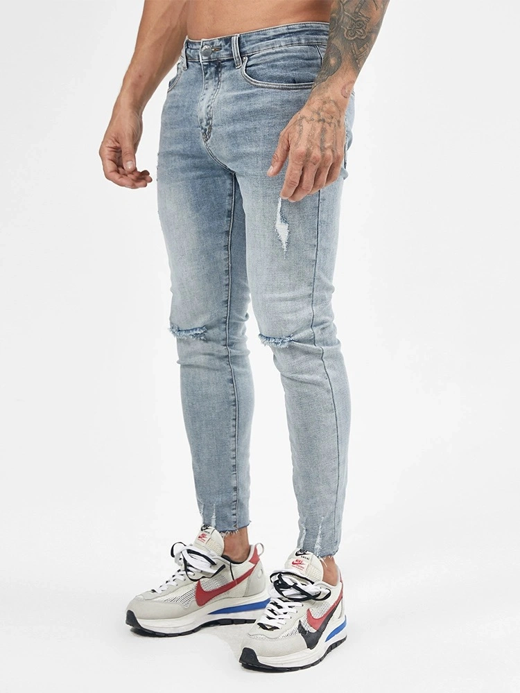 Custom American Style Skinny Men Jeans High Stretch Ripped High quality/High cost performance  Wash Light Blue Denim Trousers Men Jeans