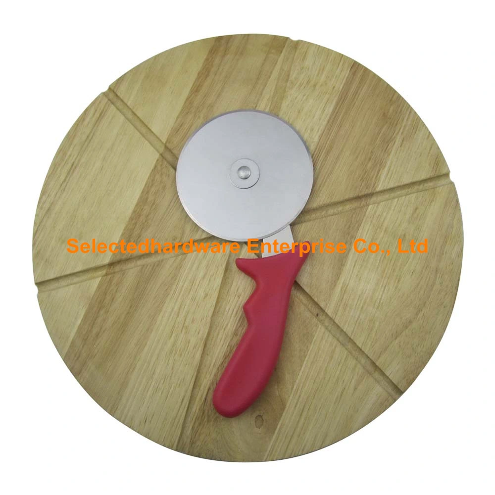 2PCS Red PP Handle Pizza Cutter Knife with Rubber Wood Cutting Board