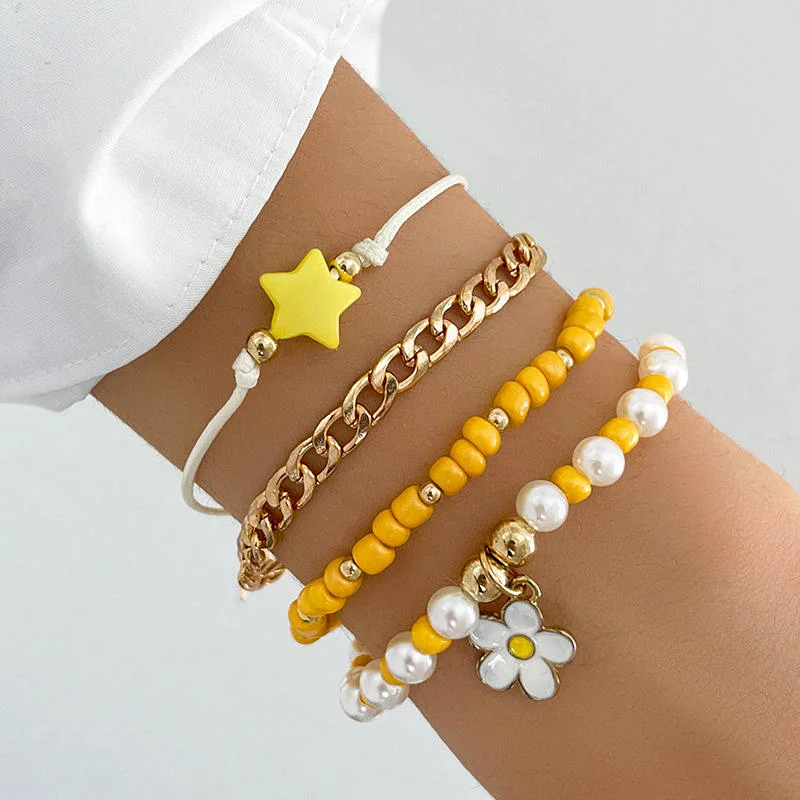 4 PC/juego de moda coloridas pulseras de cordón de arroz con el corazón de mariposa de la cadena de perlas