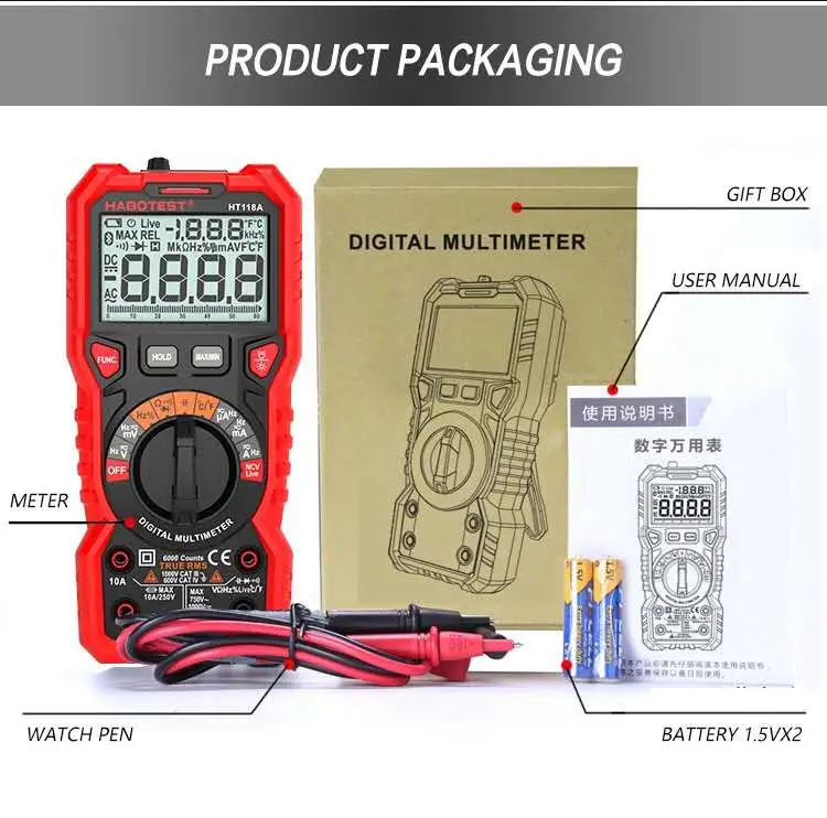 Ht118A LCD Display 1000 V Digital Multimeter True RMS