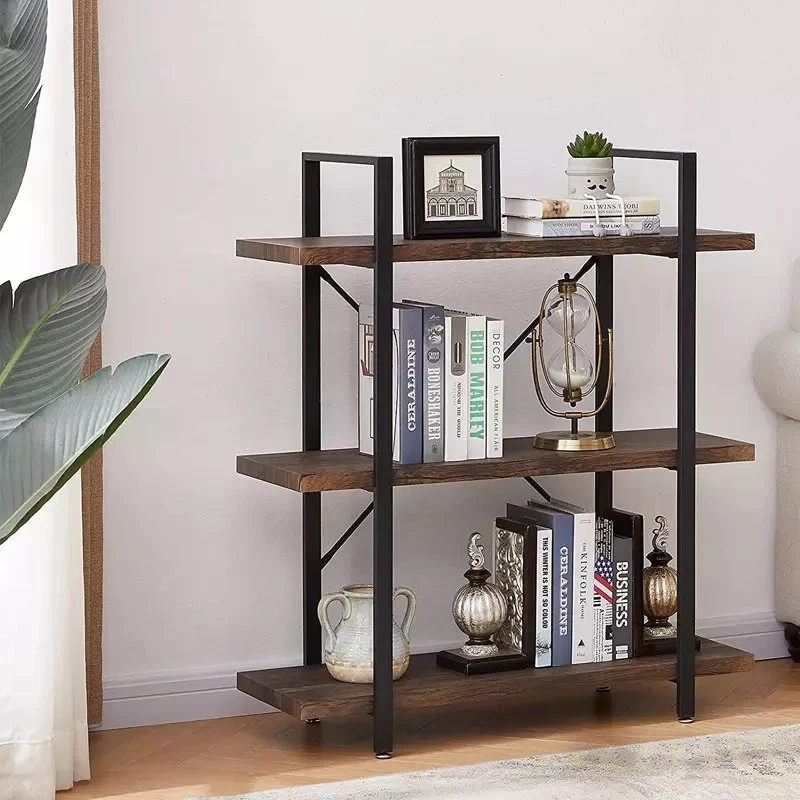 Wood Grain Vintage Brown 3-Shelf Industrial Bookshelf Open Etagere Bookcase with Metal Frame