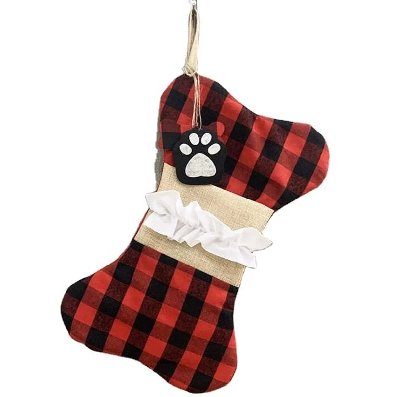 Decorações Sock Pet Cat cão Buffalo Plaid forma de osso grande Meias de Natal