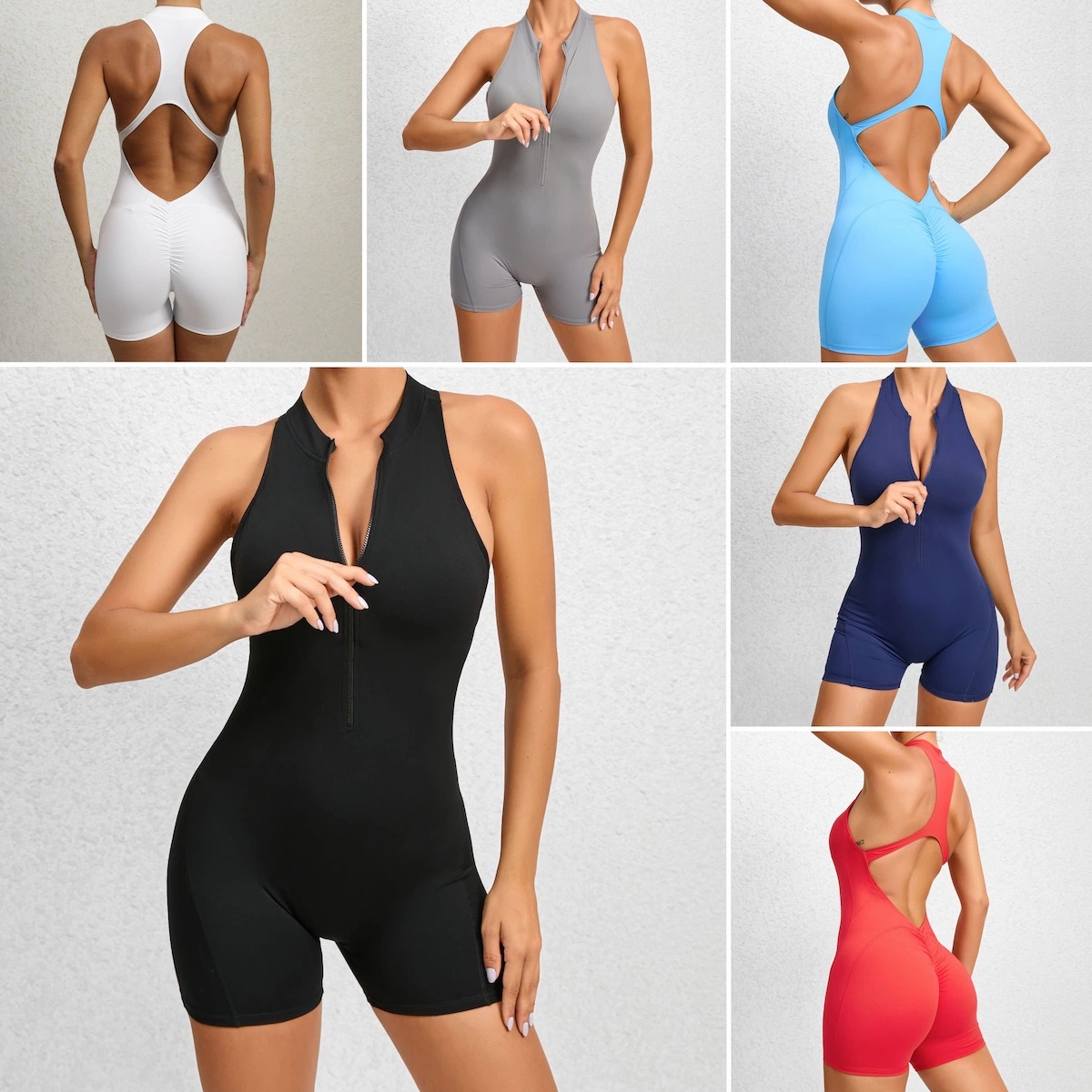 New Trendy Scrunch Booty Zip up Fron Sportswear One-Piece Open Back Workout Jumpsuit for Ladies, Sexy Romper Playsuit Backless Yoga Bodysuit Leotard