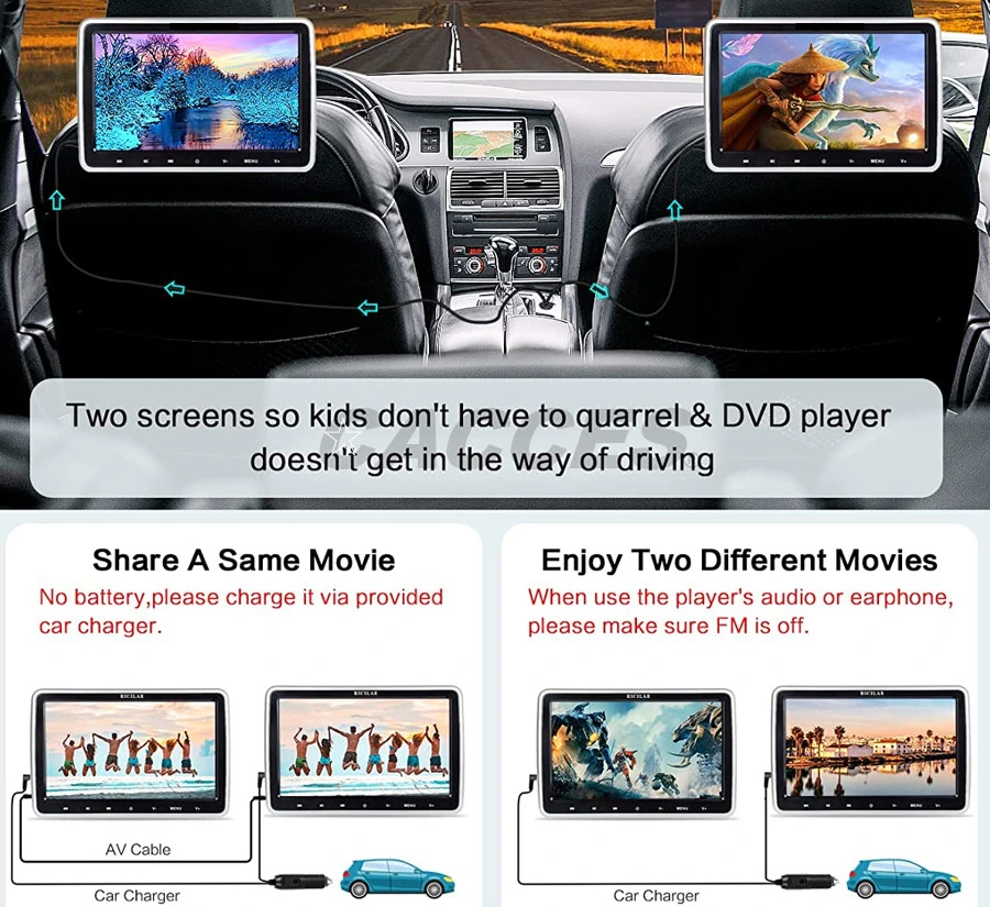 Lecteur de DVD pour appuie-tête de voiture, écran de 10.1 pouces, moniteur pour appuie-tête de véhicule double prenant en charge les vidéos Audios DVD à chargement par fente, disque de jeux, entrée HDMI, USB, SD, VERSION IR AVEC IPS