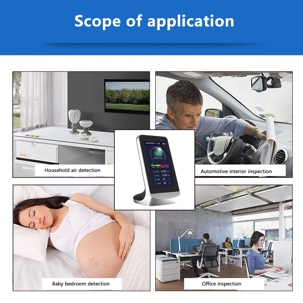 PM2,5 en un monitor de calidad del aire 8 Detector HCHO TVOC Temperatura humedad Medidor AQI con pantalla LCD 24 horas Real Supervisión del tiempo