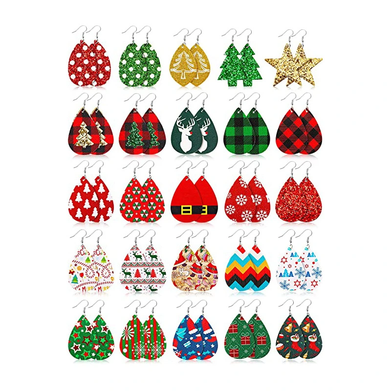 Christmas Faux Leather Earrings Teardrop Dangle Earrings Christmas Tree Star Dangle Earrings for Women Girls