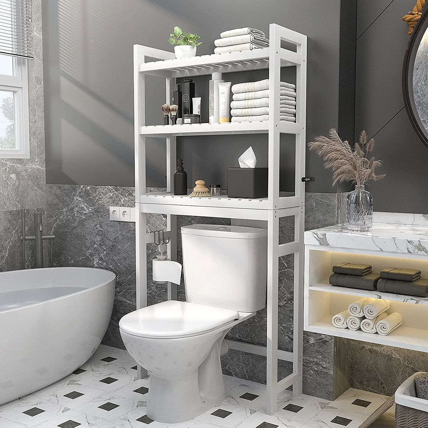 Wall Mount Bathroom Furniture Bamboo 3-Tier Over-The-Toilet Space Saver Organizer Rack Over The Toilet Storage