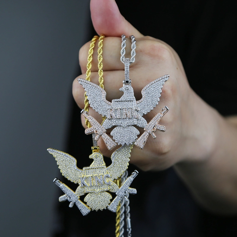 New Design Iced out Micro Paved Bling CZ Letters King Eagle Pendant Gold Plated Necklace Hiphop Men Jewelry