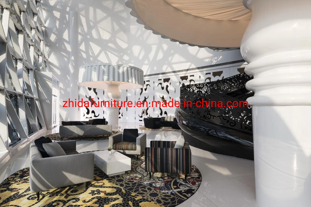 Zhida Modern Custom Made Hotel Lobby Furniture Public Area Furniture Hall Reception Table Fabric Sofa Set with Leisure Chair