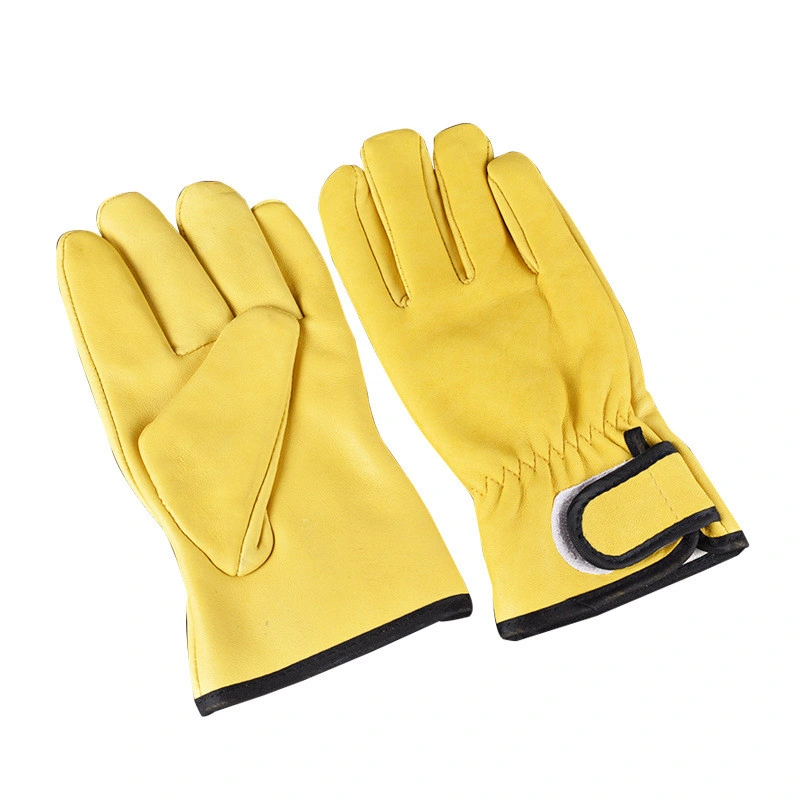 Yellow Polyester Fleece Lined Goatskin Top Grain Leather Work Gloves