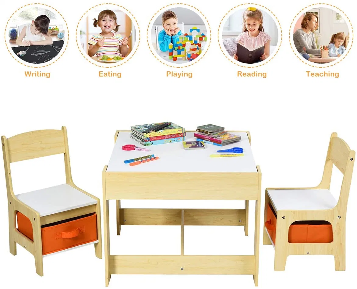 3 in 1 Wood Table & 2 Chair Set for Kids Studing Painting