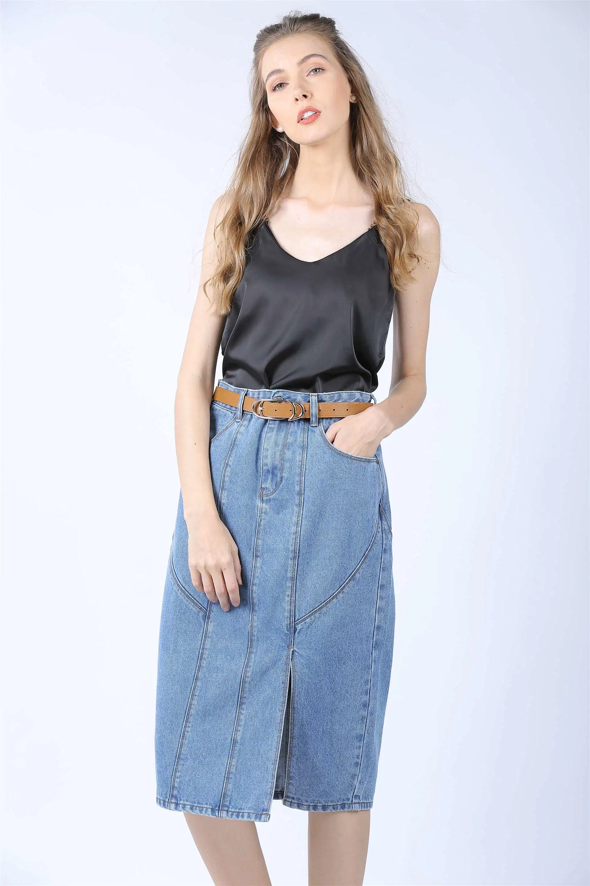 Hot Summer Ladies a-Lined Enzyme Wash Denim Slit Skirts