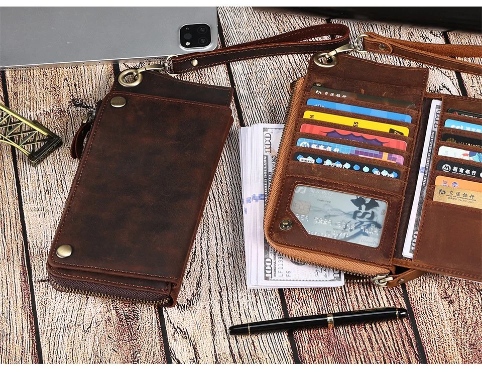 Latest Design Large Capacity Retro Men's Long Wallet Handmade Crazy Horse Leather Clutch Bag