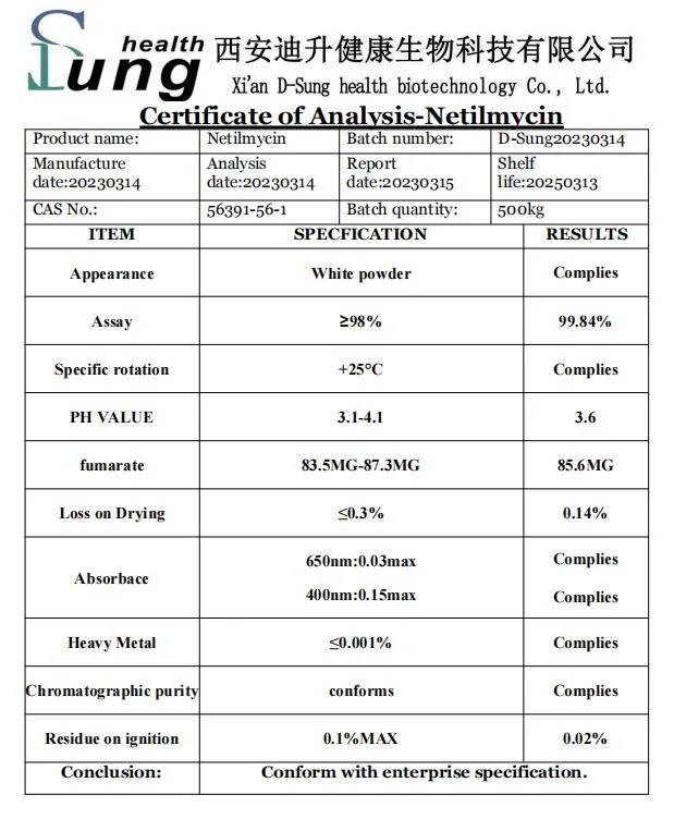 Qualité pharmaceutique Netilmycine cas 56391-56-1 API Netilmycin antibiotique poudre de Netilmycine