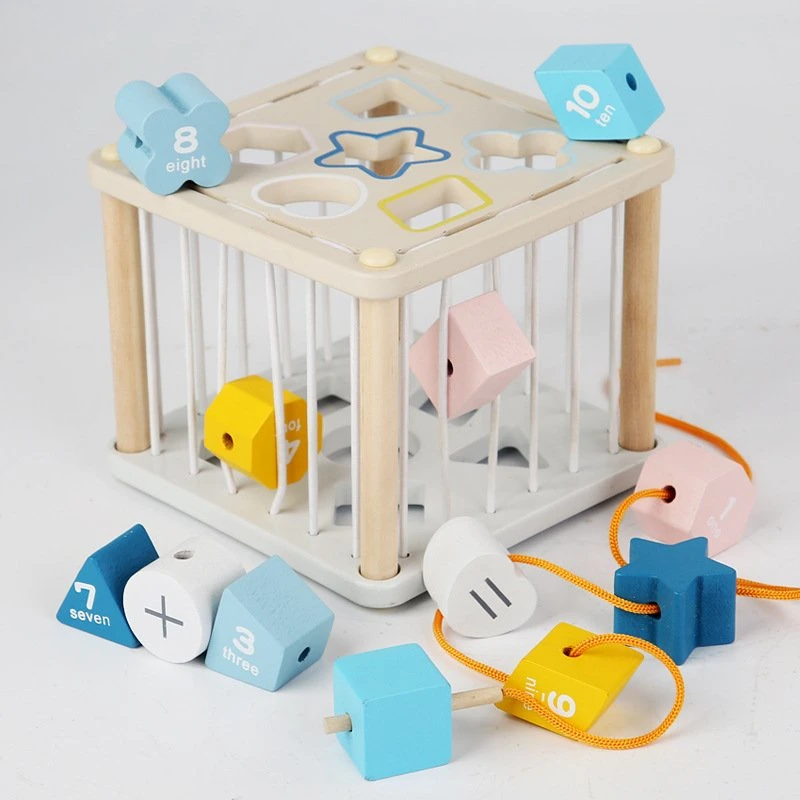 Wooden Sorter Cube with 13PCS Shapes String Threading Toy Developmental Learning Toy Gifts for Baby