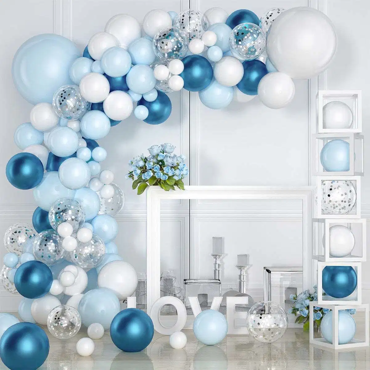 Blue White Sliver Balloons Garland Arch Kit Baby Shower Birthday Party Decoration