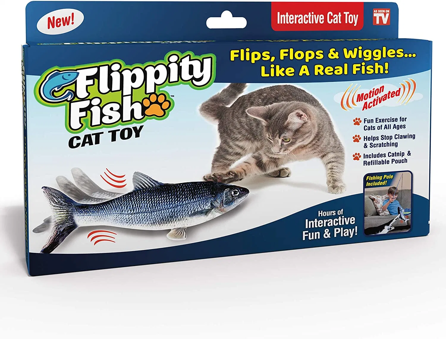 Flippity Fish Cat Toy, Flops and Wiggles Like a Real Fish, Includes Fishing Pole and Catnip