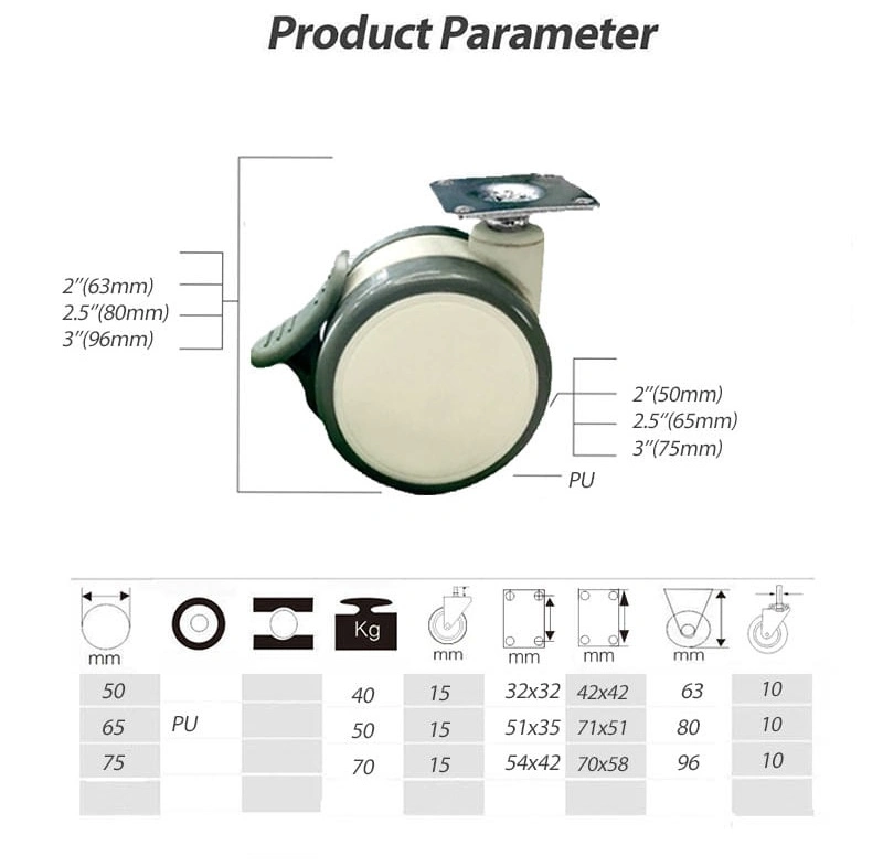 Urethane Twin Wheels Medical Bed Equipment Caster Heavy Duty Furniture Pivote de placa superior giratorio con freno