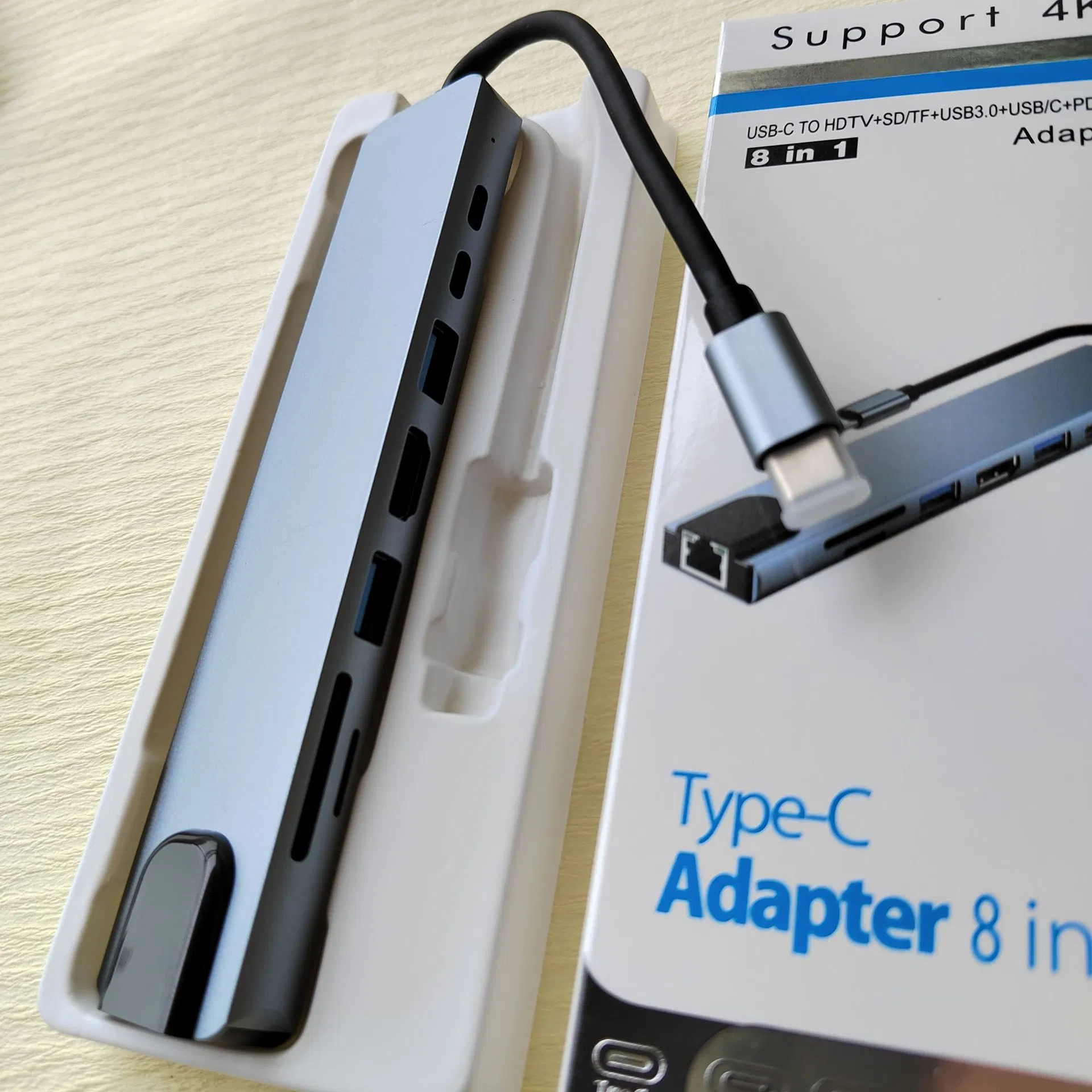 8 in 1 Adapter USB-C to HDTV+SD/TF+USB3.0+USB/C+Pd+LAN