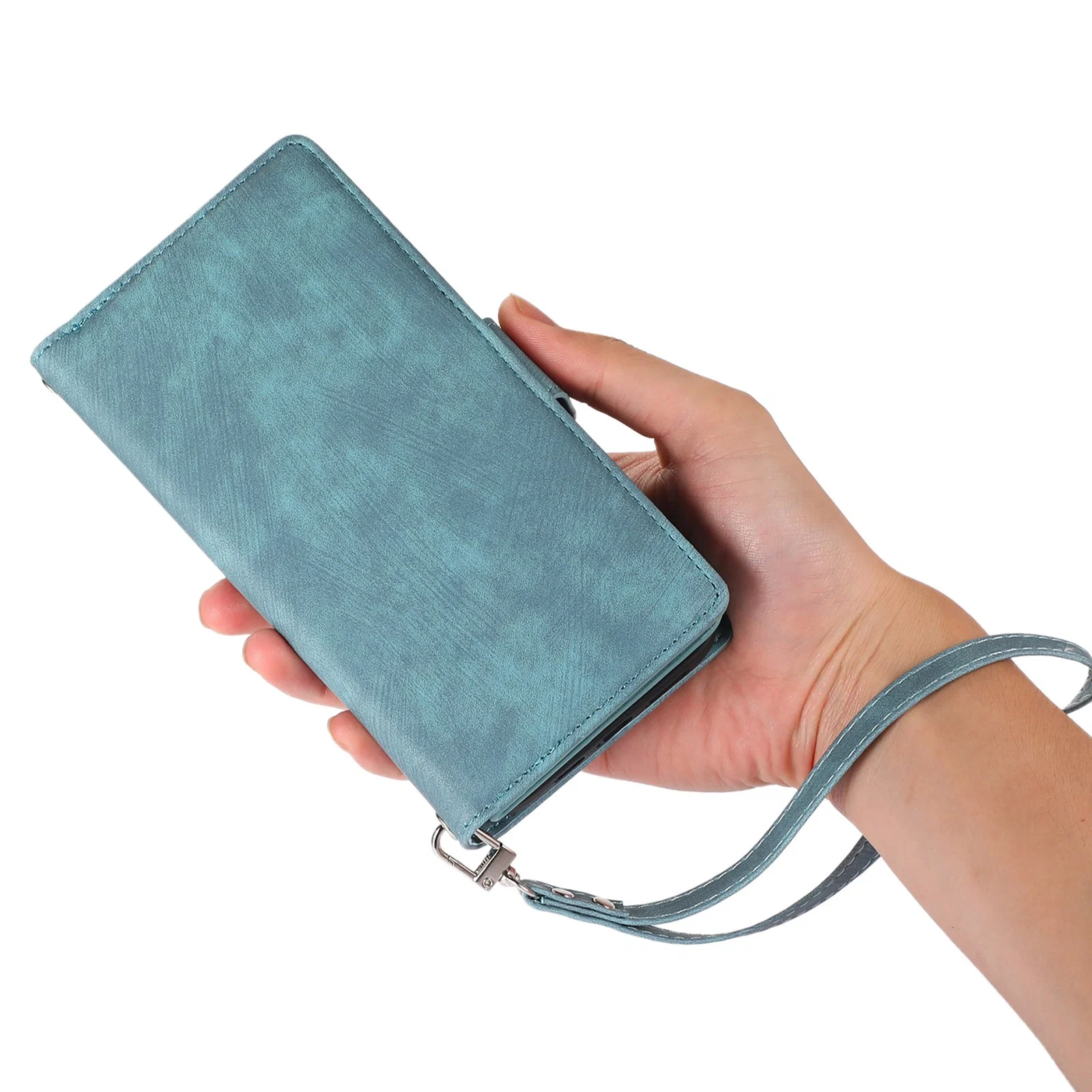 for iPhone 14 PRO Max Zipper Pocket Card Holder Phone Protective Case Skin-Touch PU Leather Stand Wallet Cover with Wrist and Shoulder Strap - Baby Blue