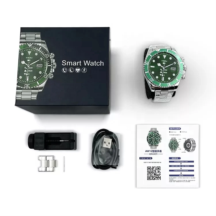 Aw12 Reloj inteligente de los hombres de negocios de lujo reloj deportivo Pletina de acero resistente al agua Deporte Pulsera Brazalete Smartwatch