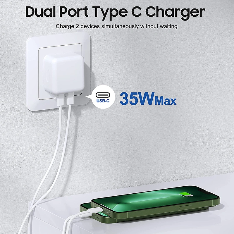 بالنسبة إلى iPhone 14 PRO 35W USB-C محوّل الطاقة UK EU شاحن USB من النوع C بمنفذ مزدوج للتوصيل بـ US Plug لـ iPhone 13 12 11