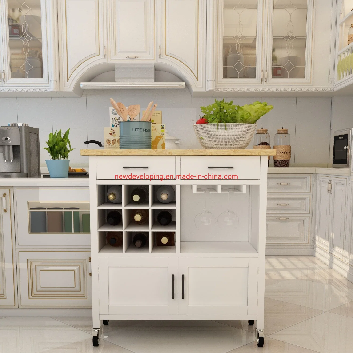 Rolling Kitchen Island Trolley Storage Cart with Bamboo Top, Drawers, Wine Rack