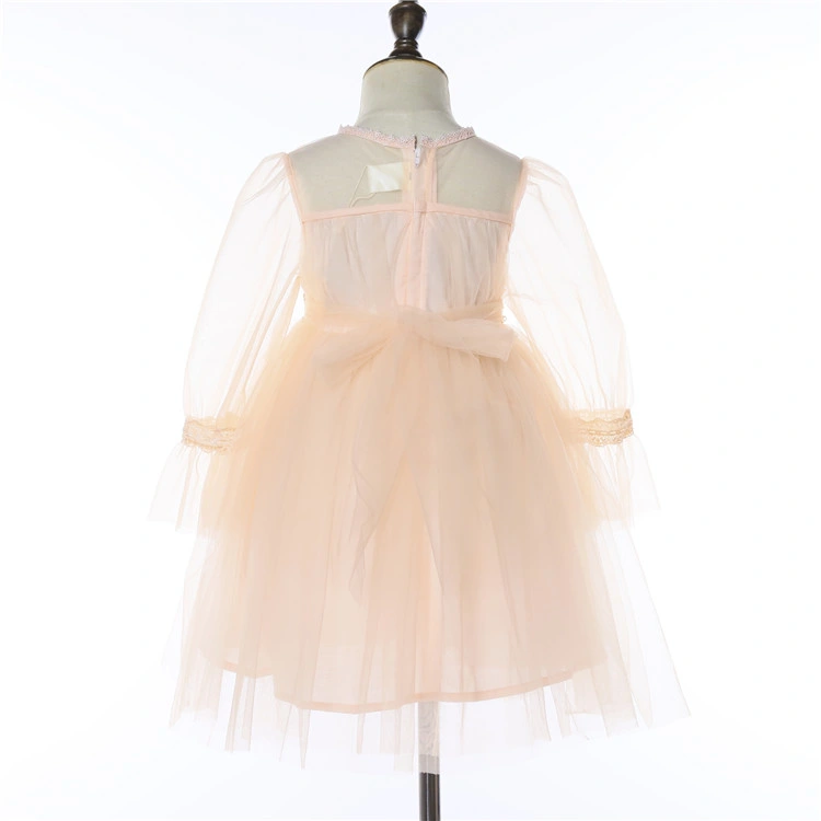 Transparent Neck Sleeve Tulle Dress Customized Flower Girls Dress