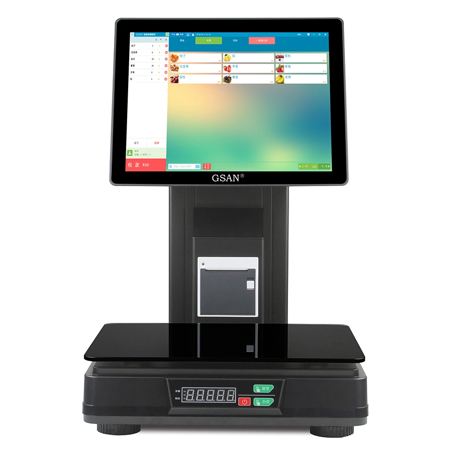 Supermercado PC balanza Registro de efectivo 15 pulgadas pantalla táctil POS Escala con impresora