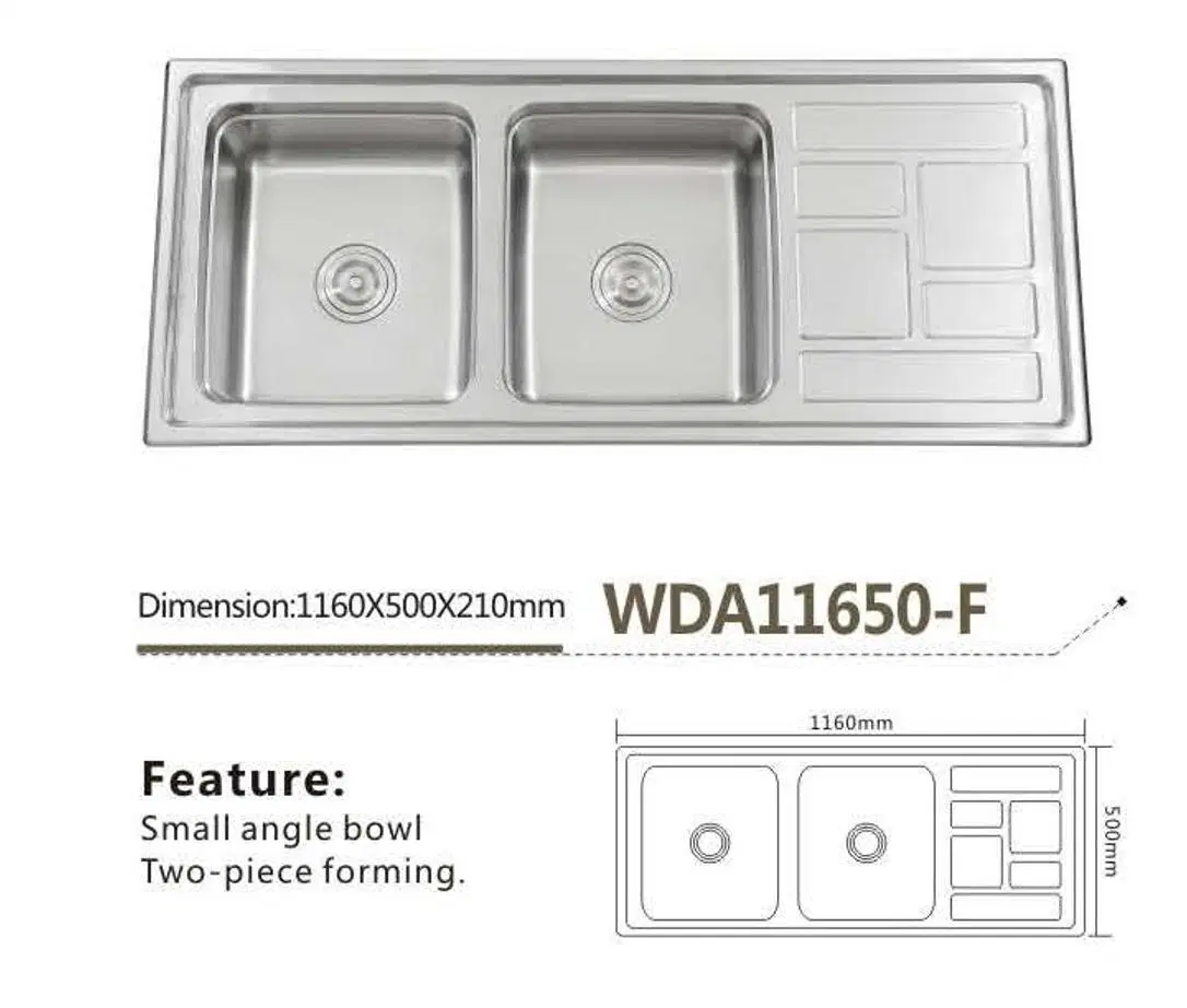 Factory Kitchen OEM Sink Stainless Steel Sink Walnut Double Bowl Single Drain Wda11650-F