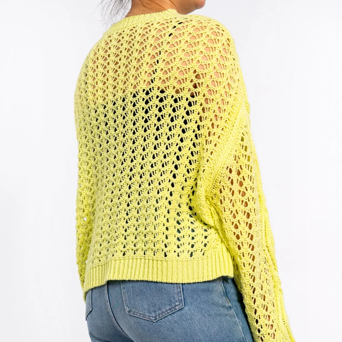 Round Neck Diamond Hollow Long Sleeve Knitted Pullover Yellow Sweaters for Women