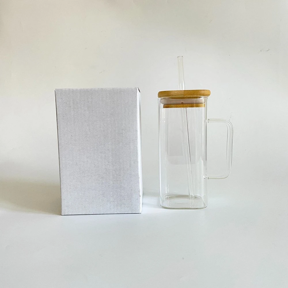 13.5oz 400ml Clear Square Glass Drinking Glass Straw Cup Mug with Clored Handle