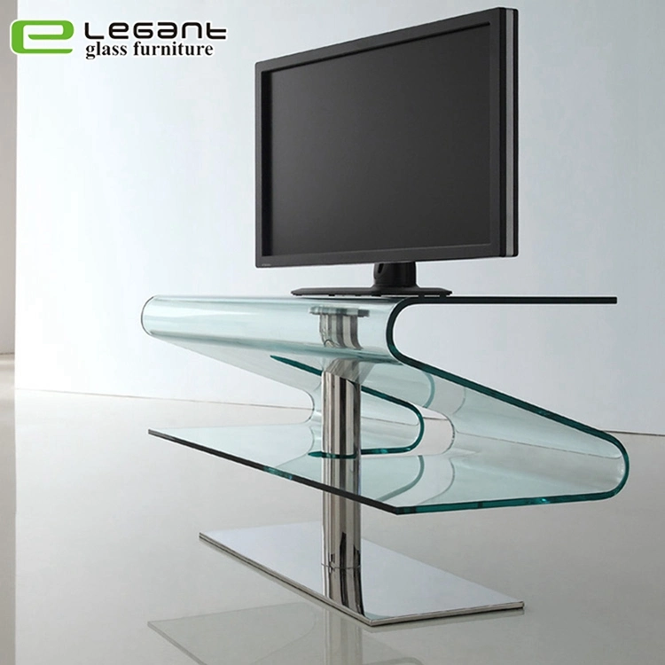 Bent Glass TV Stand with Wheels in Clear Color