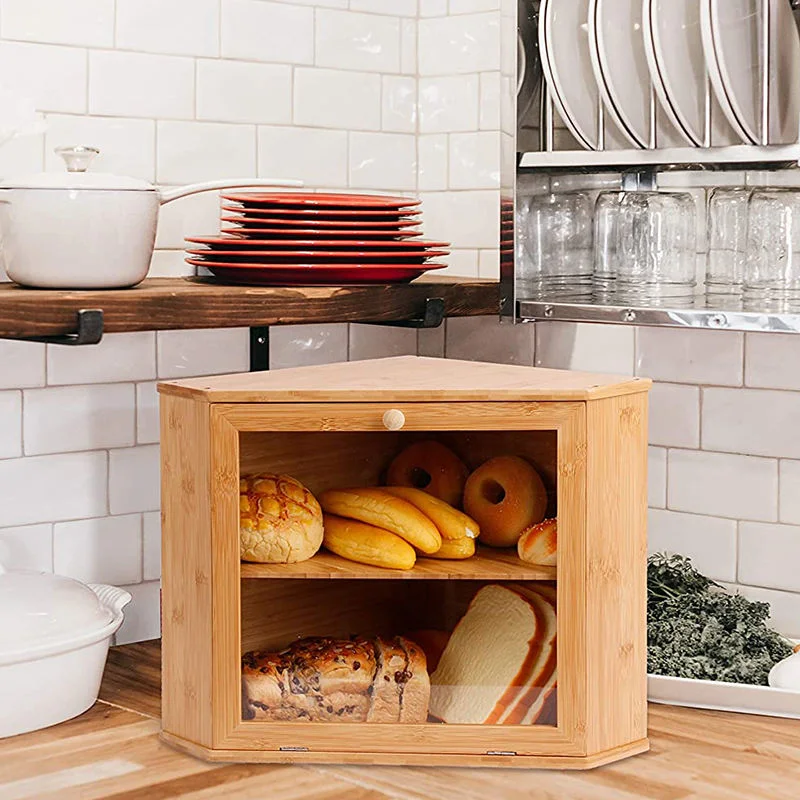 Boîte de cuisine en bois/bambou respectueuse de l'environnement avec fenêtre transparente pour le rangement des aliments, du pain, de la vaisselle et des outils.