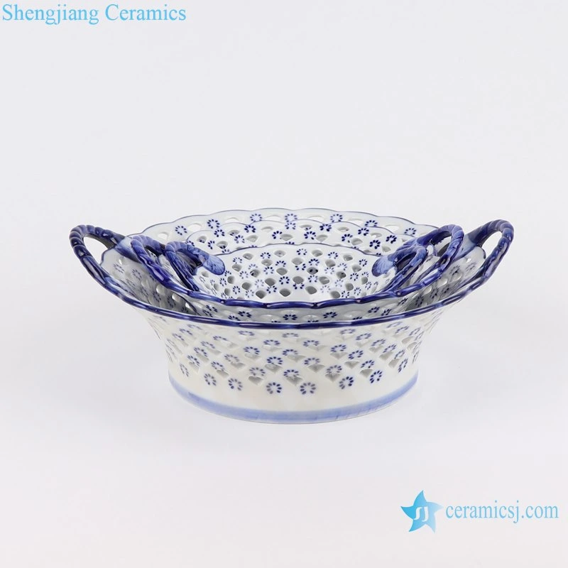 Blue e White Porcelain Hollow out Ceramic Storage Basket Fruit Prato para snacks de doces