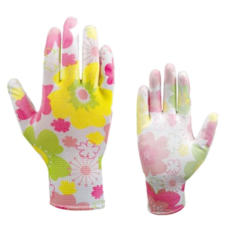 Floral Digital Printing 13G Gardening Safety Work Gloves with PU Coating CE