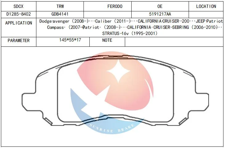 Sdcx D1285 dB2065 68020494AA V1010494AA 05191244AA Mr527674 almohadilla de freno cerámica Para Toyota Dodge Peugeot Mitsubishi Dodge