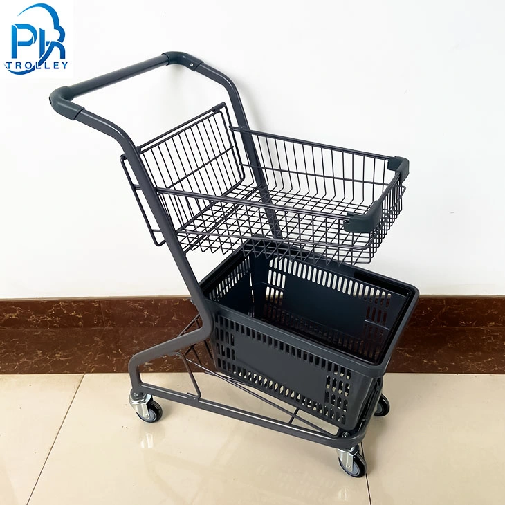 Supermarket Shopping Trolley Shopping Cart with 1PC Plastic Basket