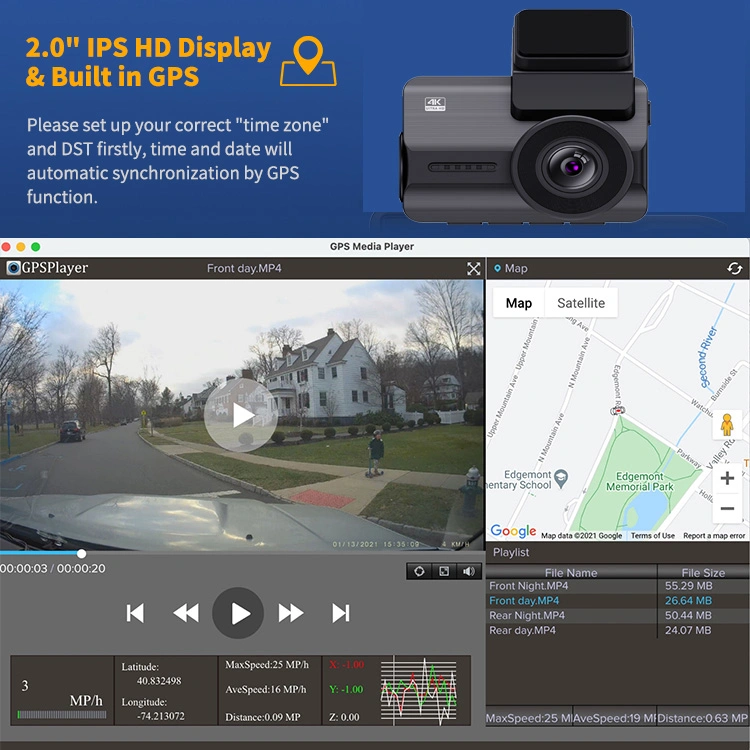 Câmara dupla 4K traseira e dianteira de 2.0" de fábrica com Câmara de vídeo 4K com Wi-Fi e GPS, DVR para automóvel, lente dupla Câmara de tablier para automóvel caixa preta melhor Dash Cam