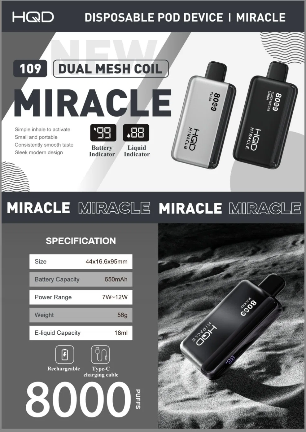 Hqd Miracle 8000puffs 650mAh 18ml 20flavor