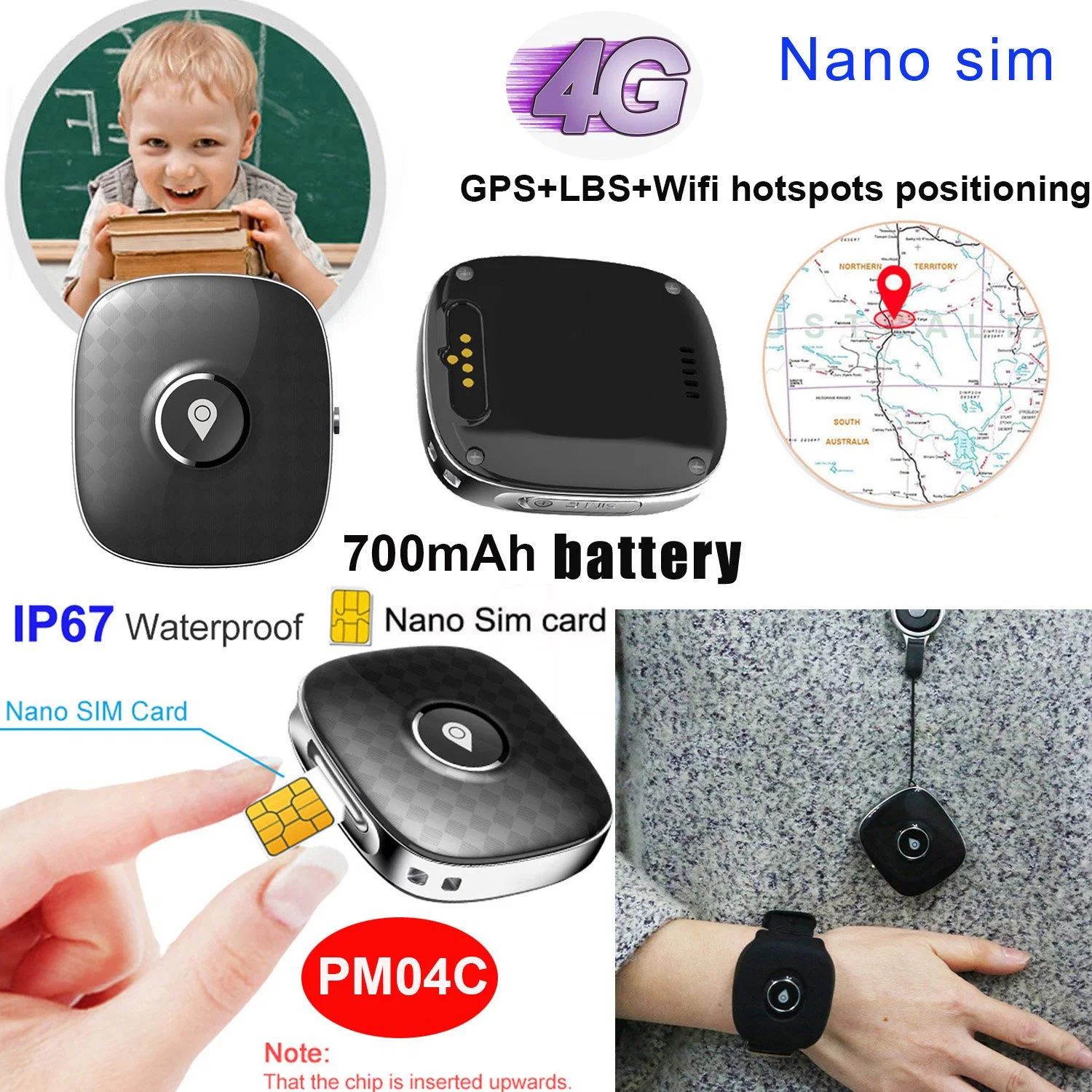 New 4G LTE  IP67 Waterproof Portable Wearable Mini GPS Tracker device with GPS Lbs WiFi Location Remote Monitor for Safety Monitoring PM04C