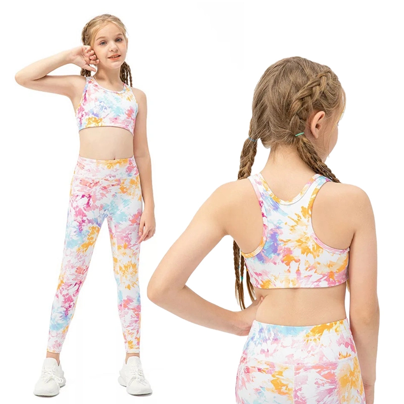 Personaliza tu propio diseño Activewear para niños Chicas, 2 PCS Cute Colorful Athletic Dance Yoga trajes Camiseta de tirantes + Leggings deportivos conjunto para gimnasia ejercicio