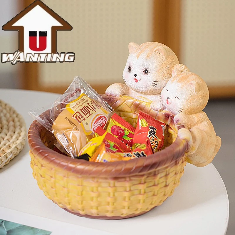 Cartoon Cat Imitation Woven Storage Basket Desktop Decor Animal Model Home Decoration