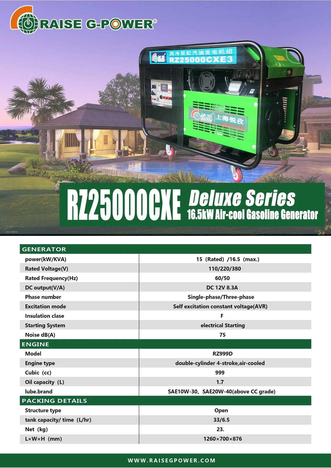 Usine d'approvisionnement direct 15kw/16.5kw 999cc Générateur à essence portable de type cadre de luxe à démarrage électrique et contrôle électronique de vitesse avec quatre roues.