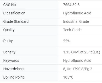 Electronic Hf Un1790 Grade Anhydrous Hydrofluoric-Acid 70% 55%