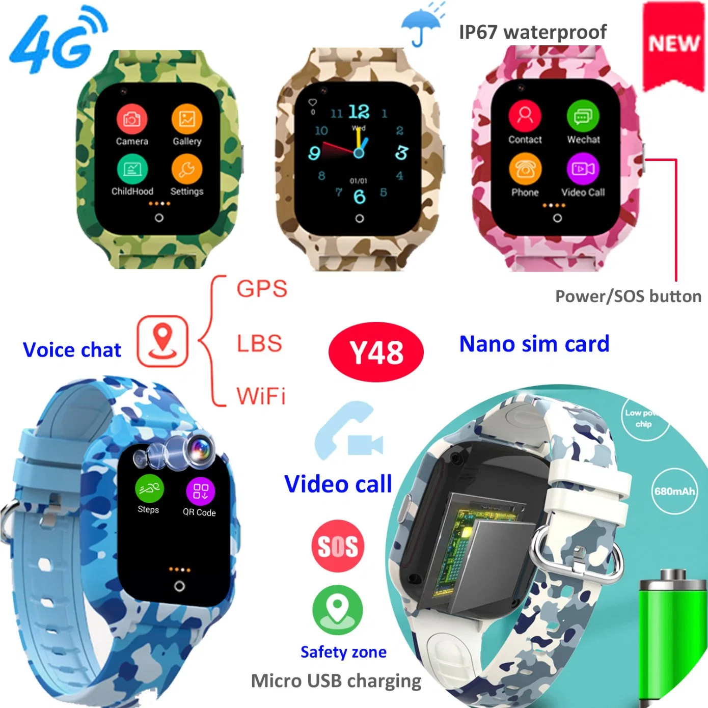 CE Rohs Approved 4G IP67 waterproof Colorful Touch Screen Kids GPS Tracker with Video call Panic button for SOS call Y48