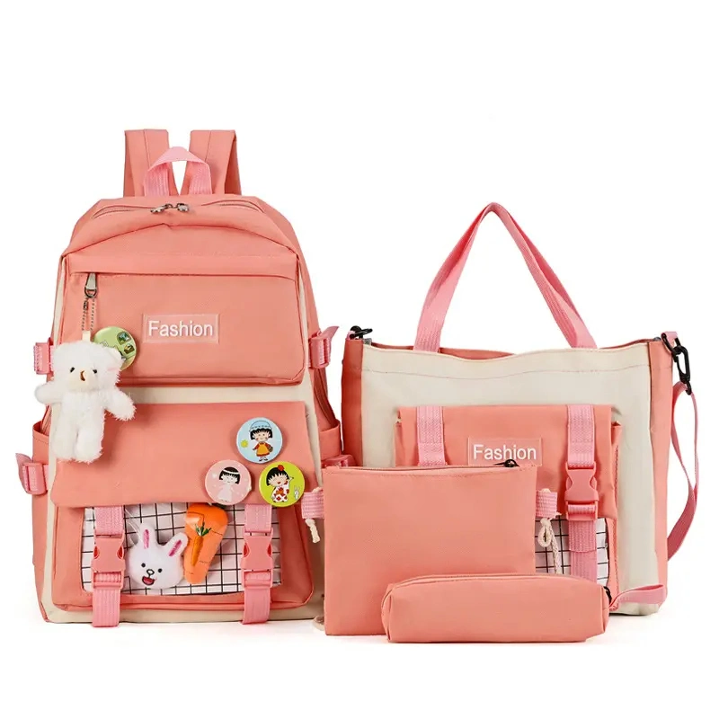 Sac à dos en toile de haute qualité à motif Uni magnifique pour filles, 4 PIÈCES Ensemble de sacs