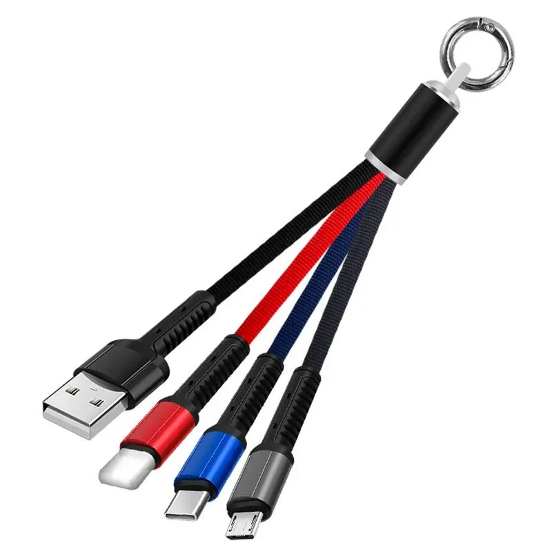 ترقية الأعمال بيع متعدد USB كابل شحن سلسلة مفاتيح نايلون كبل USB C قصير 4 في 1 للهاتف المحمول