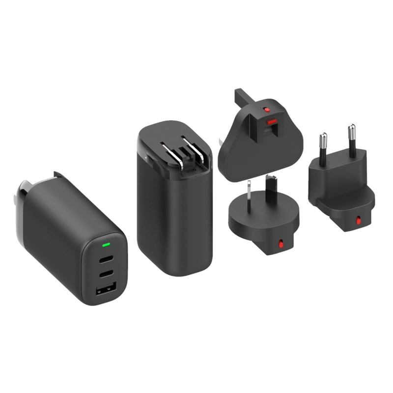 65W GaN Quick Charger Foldable Replaceable UK Us EU Plug Type C Pd+QC3.0 Multi-Port GaN Fast Charging Wall Adapter