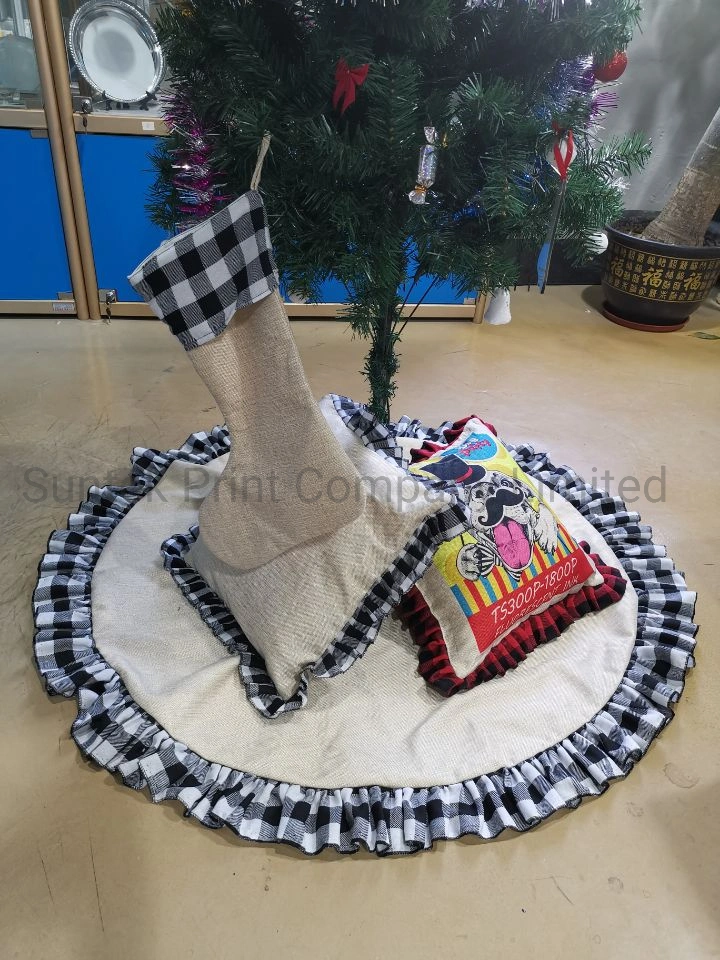 Sublimation Burlap Buffalo Plaid Ruffled Christmas Tree Skirt